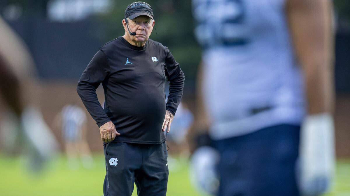 North Carolina coach Mack Brown watches his team during the Tar Heels’ first practice of the season on Monday, July 29, 2024 in Chapel Hill, N.C.