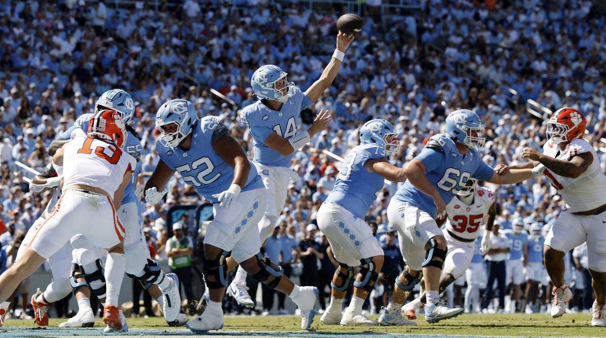 North Carolina quarterback Max Johnson (14) passes during the first half of UNC’s game against Clemson at Kenan Stadium in Chapel Hill, N.C., Sat. Oct. 4, 2025.