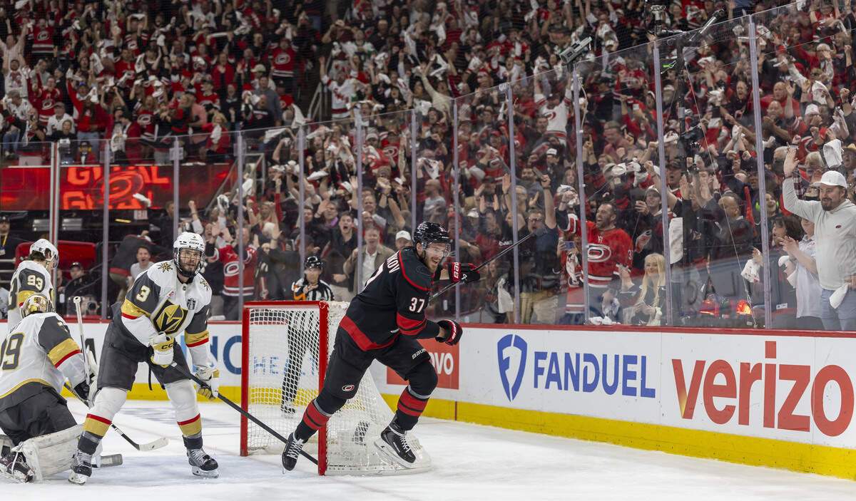 Carolina Hurricanes right wing Andrei Svechnikov (37) reacts after scoring on Vegas goalie Carter Hart (79) in the third period to take s 4-1 lead, in Game 5 of the Stanley Cup Final against Vegas, on Thursday, June 11, 2026 at Lenovo Center in Raleigh, N.C.