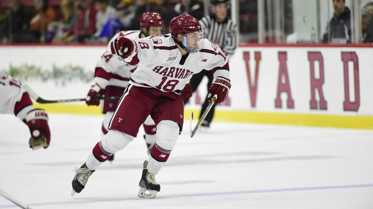 Adam Fox, a defenseman at Harvard, was traded in June 2018 to the Carolina Hurricanes and attended the team’s prospect development camp at PNC Arena. Photo courtesy of Harvard athletics.