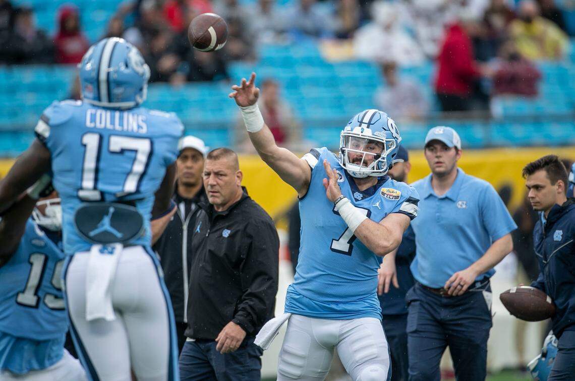 North Carolina quarterback Sam Howell warms up prior to the Tar Heels’ game against South Carolina in the Duke’s Mayo Bowl on Thursday, December 30, 2021 at Bank of America Stadium in Charlotte, N.C.