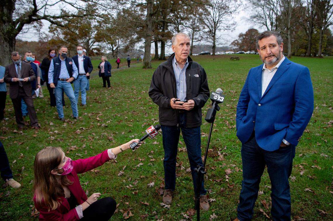 North Carolina Senator Thom Tillis and Texas Senator Ted Cruz, right, talk with the press after speaking at a joint “Get Out the Vote” rally at Taylor Ranch in Fletcher in October 2020.