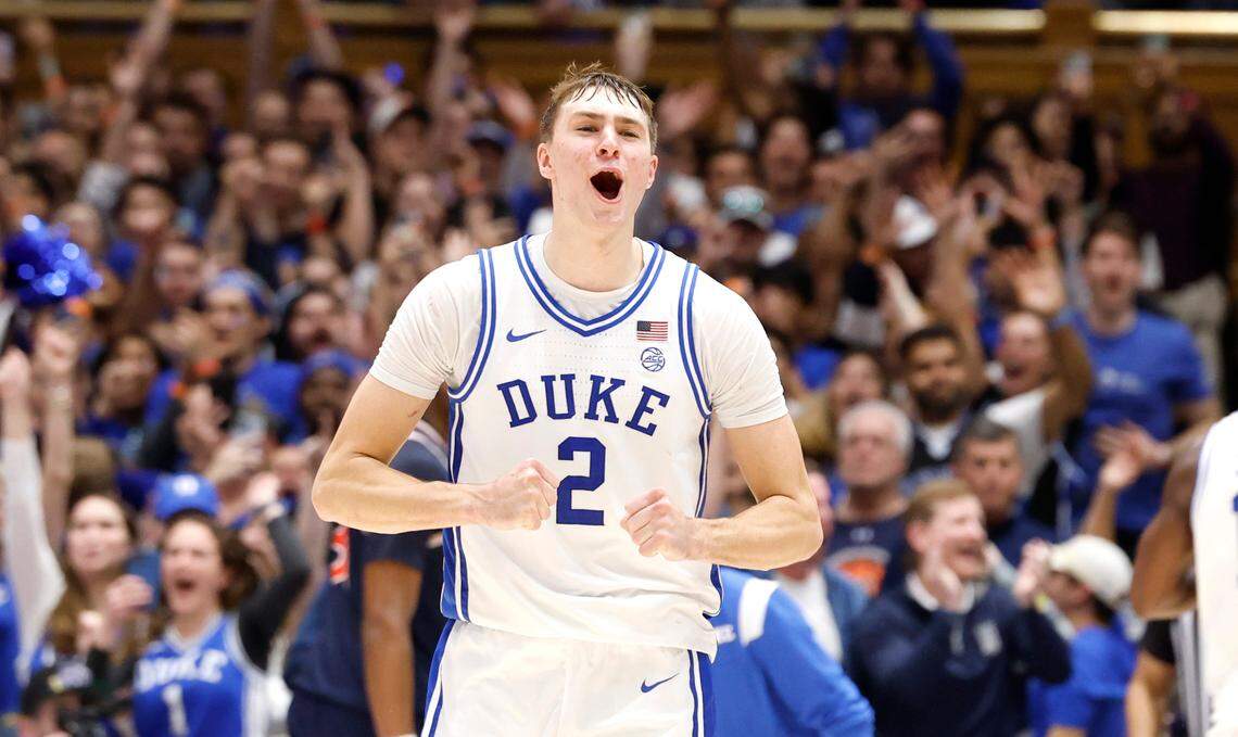 Duke’s Cooper Flagg (2) celebrates as time runs out in Duke’s 84-78 victory over Auburn at Cameron Indoor Stadium in Durham, N.C., Wednesday, Dec. 4, 2024.