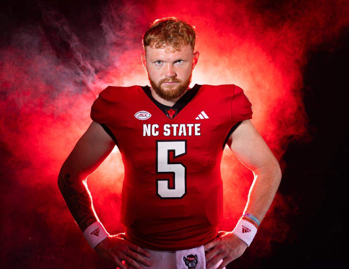 N.C. State quarterback Brennan Armstrong poses at Carter-Finley Stadium in Raleigh, N.C., Monday, July 24, 2023.