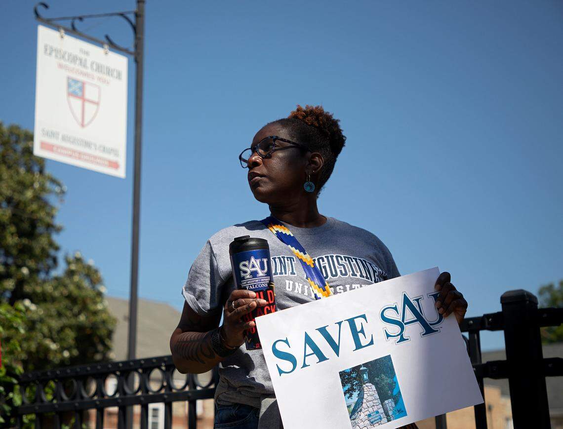 Nikki Dublin Turner, a St. Augustine’s alumna and Raleigh native, prepares to march around the perimeter of the university’s campus during a rally in Raleigh, N.C. on Monday, April 29, 2024. The event was organized by the Capital City Hope Foundation, Falcons Unite, and the SAVESAU Coalition.