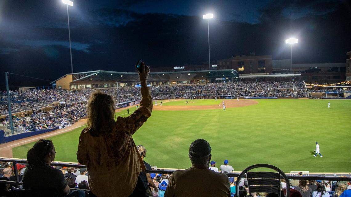 Fans cheer as the Durham Bulls play their season opener against the Jacksonville Jumbo Shrimp at the Durham Bulls Athletic Park, Tuesday, April 12, 2022. The Mudcats sit atop the Carolina League North, while the Bulls are fifth in the International League’s East division.