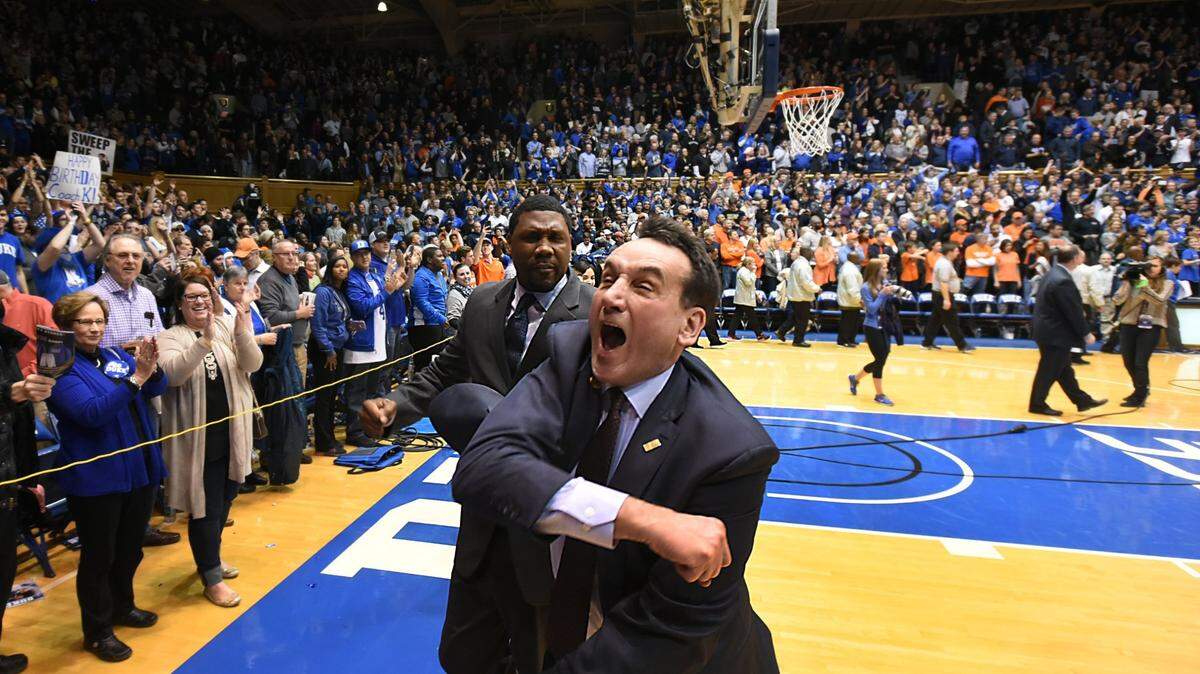Duke head coach Mike Krzyzewski reacts as he leaves the floor as Duke defeated Virginia 63-62 at Cameron Indoor Stadium, Saturday, February 13, 2016.