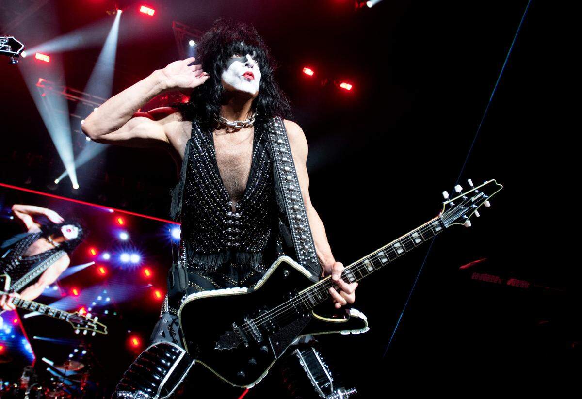 Paul Stanley encourages the crowd on the chorus of “Shout It Out Loud” as KISS brings their End of the Road World Tour to Raleigh, N.C.’s Coastal Credit Union Music Park at Walnut Creek, Tuesday night, May 17, 2022.