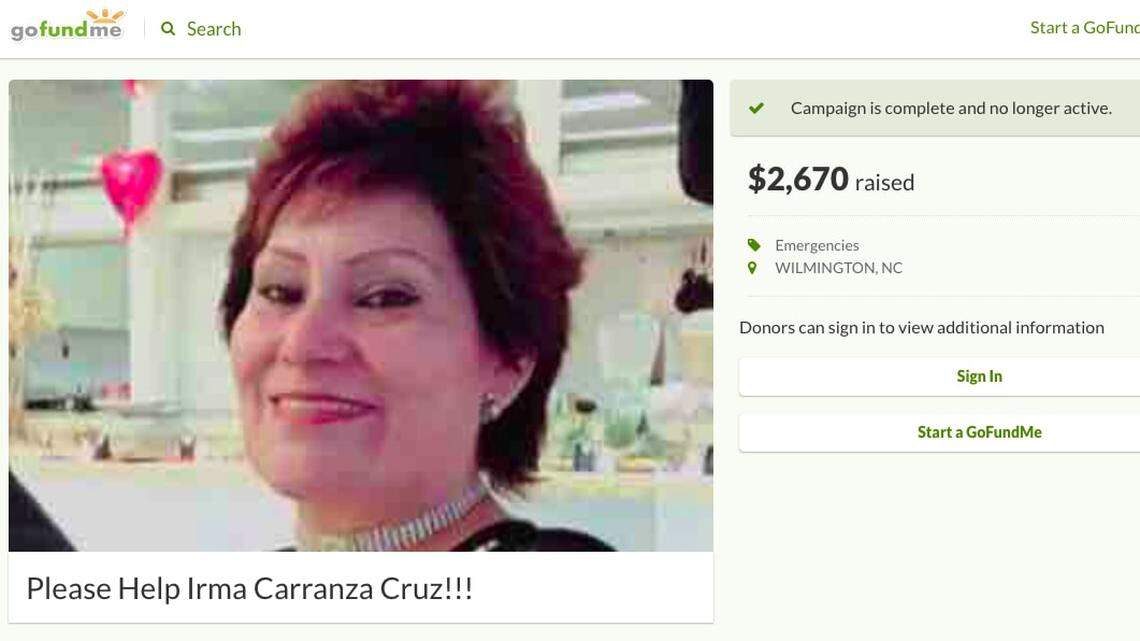 A screen shot of the GoFundMe campaign set up for Irma Carranza Cruz.