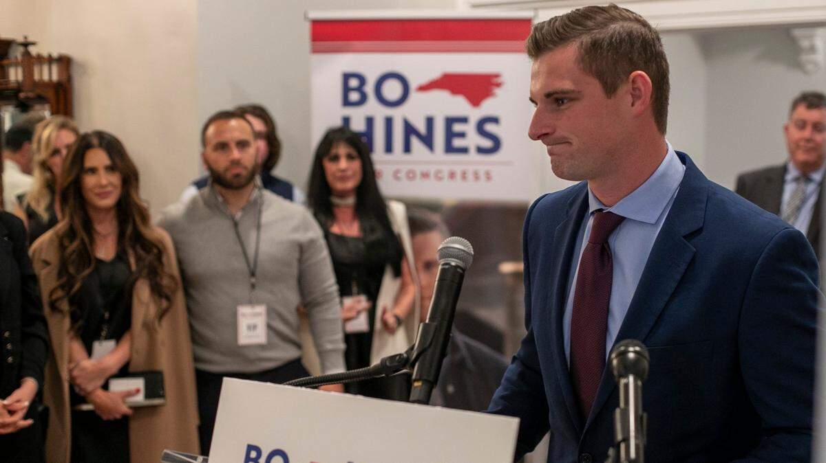 Bo Hines, candidate for the US House District 13, addresses his supporters as he concedes to opponent Wiley Nickel at the Norris House on Tuesday, November 8, 2022 in Raleigh, N.C.