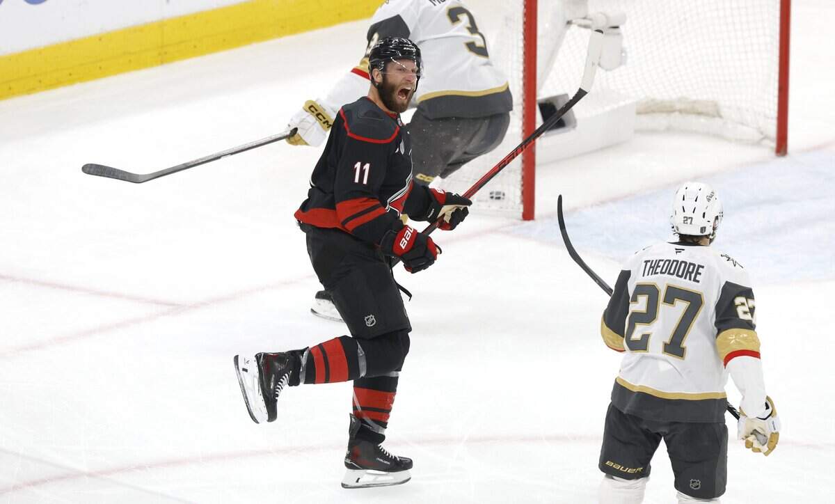 Carolina's Jordan Staal (11) celebrates after scoring in the first period of the Hurricanes’ game against the Golden Knights in the fifth game of the Stanley Cup Final at the Lenovo Center in Raleigh, N.C., Thursday, June 11, 2026.