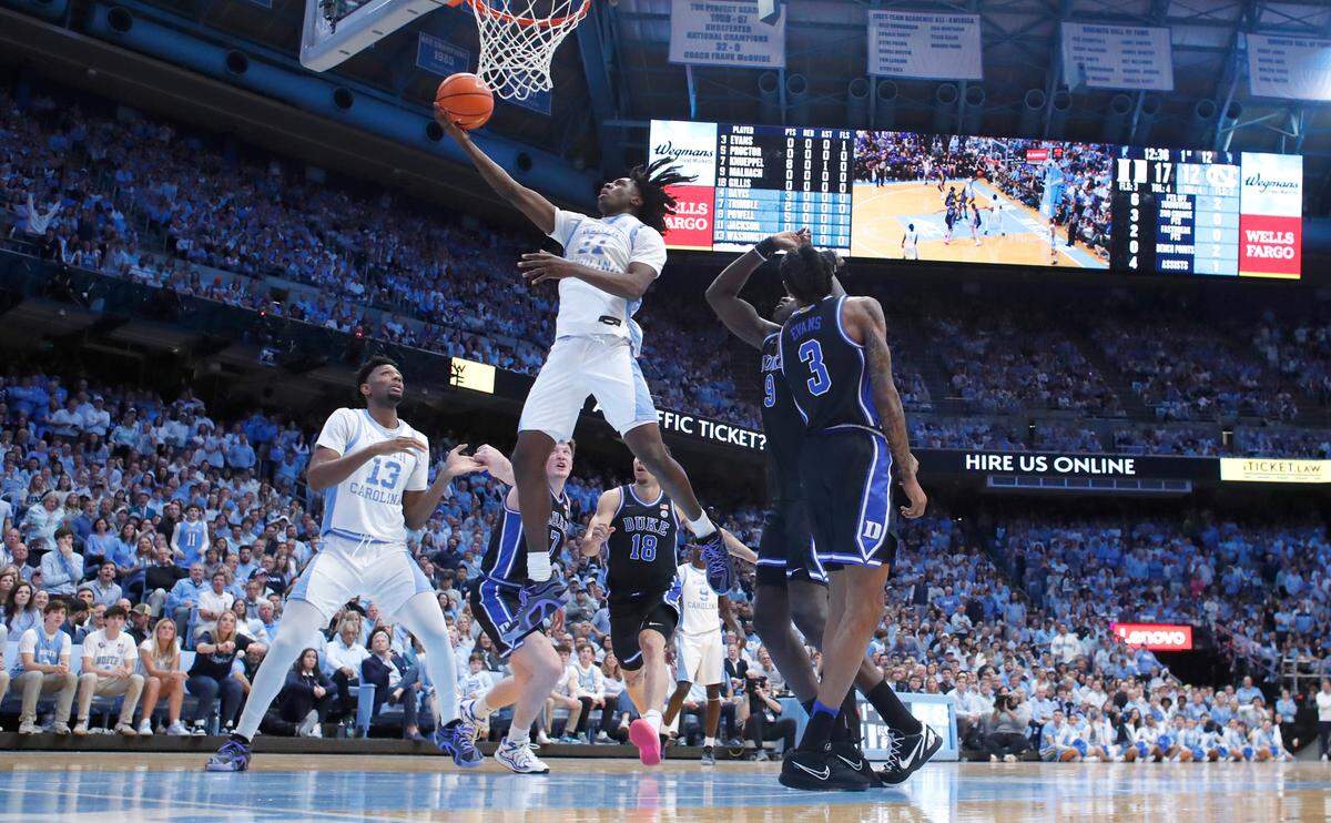 North Carolina’s Ian Jackson (11) heads to the basket during Duke’s 82-69 victory over UNC at the Smith Center in Chapel Hill, N.C., Saturday, March 8, 2025.