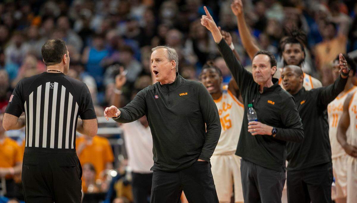 Tennessee coach Rick Barnes confers with the official during the second half against Duke during the second round of the NCAA Tournament on Saturday, March 18, 2023 at the Amway Center in Orlando, Fla.