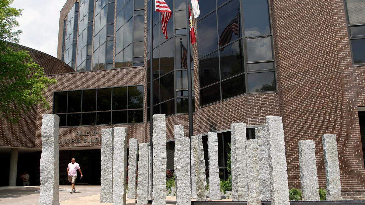 Part of the Raleigh Police Memorial in front of city hall in downtown Raleigh. The designer said the 21 granite columns were meant to evoke the interconnectedness of the police department.