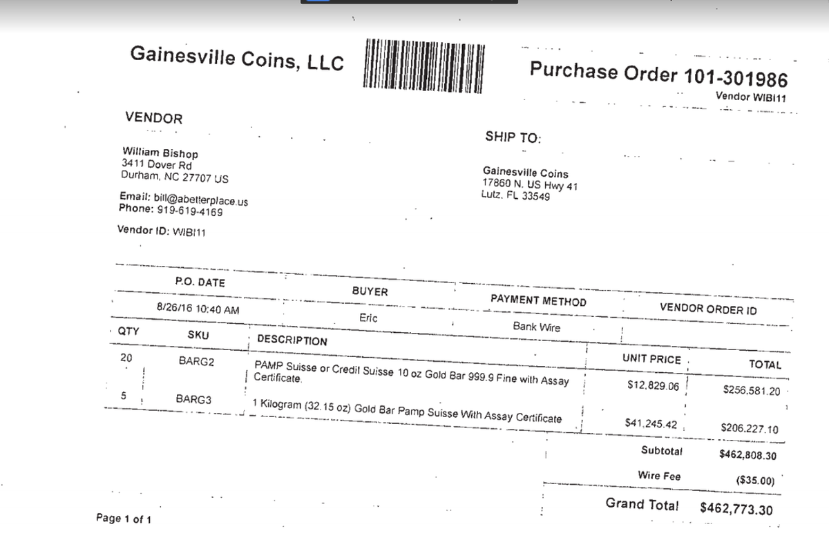 A filing on behalf of Alexander Bishop, who is charged with killing his father, contends this purchase order is the document that Durham police have cited in search warrants that indicate more than $460,000 in gold bars are missing from Bill Bishop’s estate.