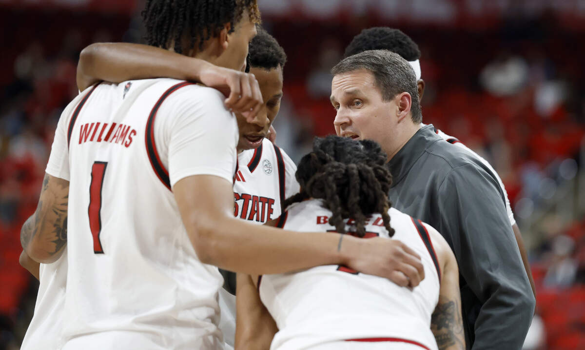N.C. State's head coach Will Wade talks to the team during the second half of N.C. State’s 75-63 victory over UNC Asheville at the Lenovo Center in Raleigh, N.C., Saturday, Dec. 6, 2025.