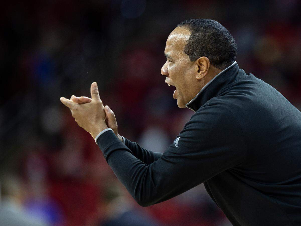 North Carolina State Wolfpack head coach Kevin Keatts encourages his team during the second half of a game against Campbell at PNC Arena in Raleigh, N.C. on Friday, Nov. 11, 2022. 