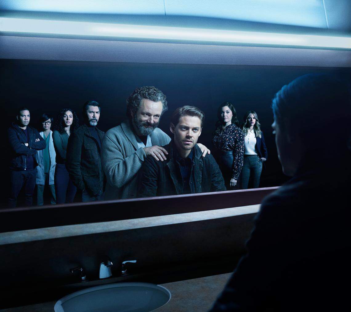 The cast of Fox’s “Prodigal Son,” (L-R): Frank Harts, Keiko Agena, Aurora Perrineau, Lou Diamond Phillips, Michael Sheen, Tom Payne, Bellamy Young and Halston Sage.