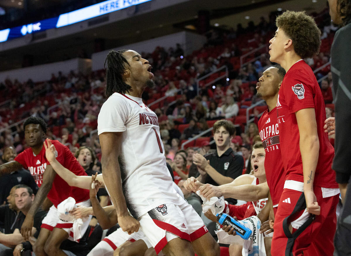 N.C. State’s Jayden Taylor reacts after making a three-point basket during the second half of the Wolfpack’s 84-64 win over Abilene Christian on Friday, Nov. 10, 2023, at PNC Arena in Raleigh, N.C.