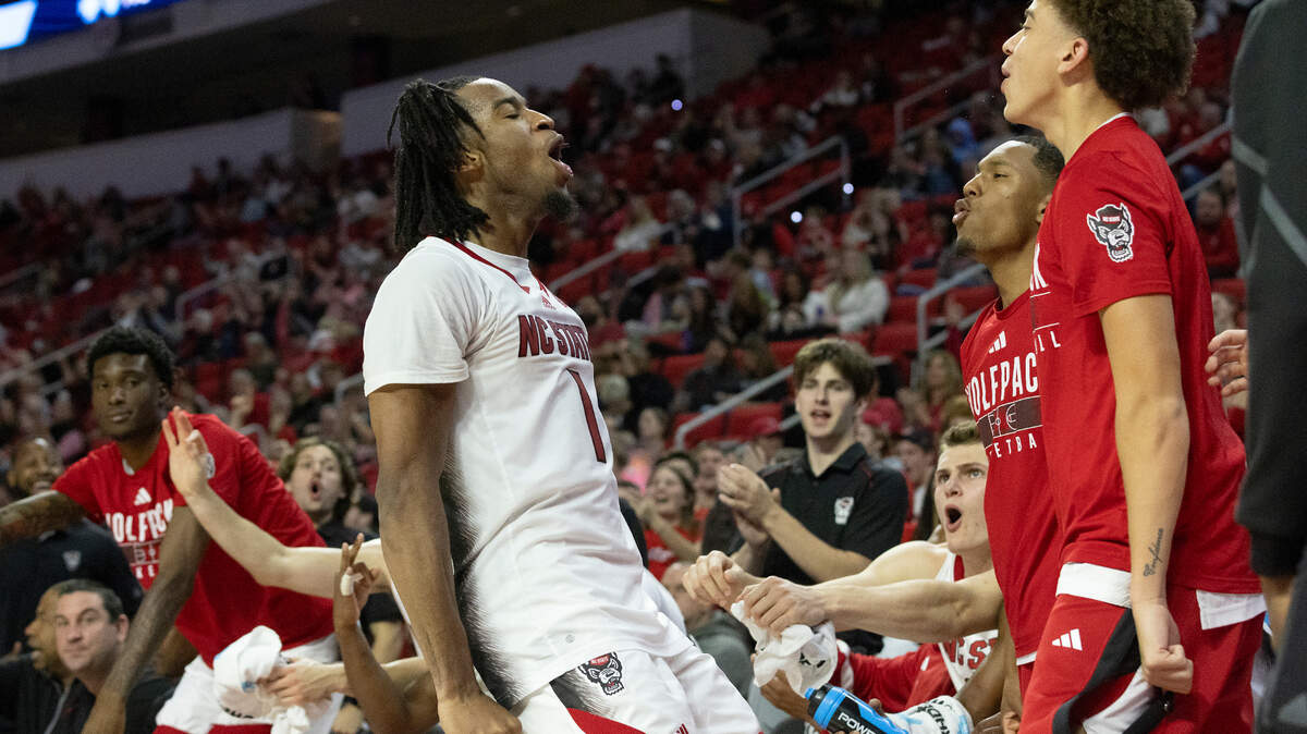 N.C. State’s Jayden Taylor reacts after making a three-point basket during the second half of the Wolfpack’s 84-64 win over Abilene Christian on Friday, Nov. 10, 2023, at PNC Arena in Raleigh, N.C.