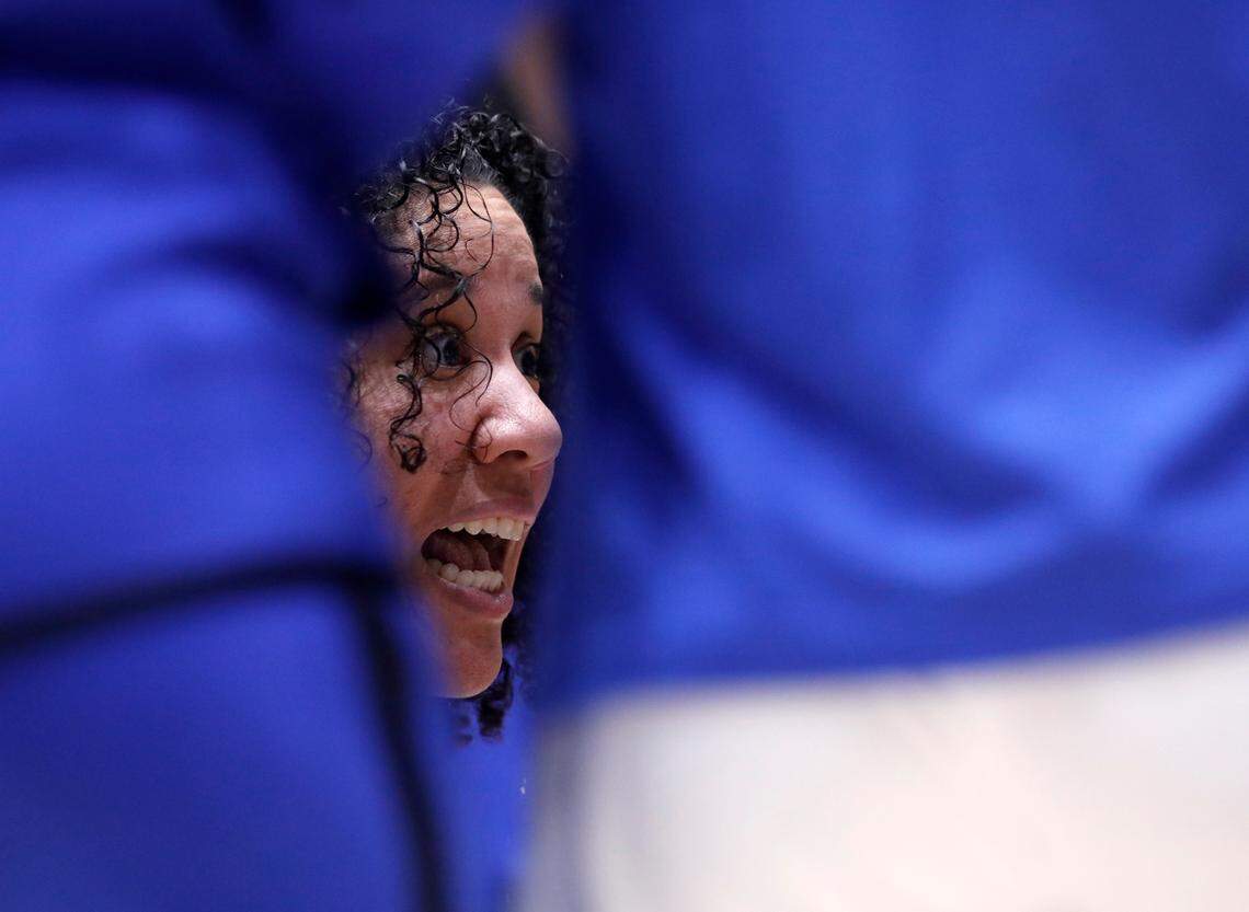 Duke head coach Kara Lawson speaks with her team in the huddle during the first half of the Blue Devils’ game against N.C. State on Sunday, Feb. 25, 2024, at Cameron Indoor Stadium in Durham, N.C.