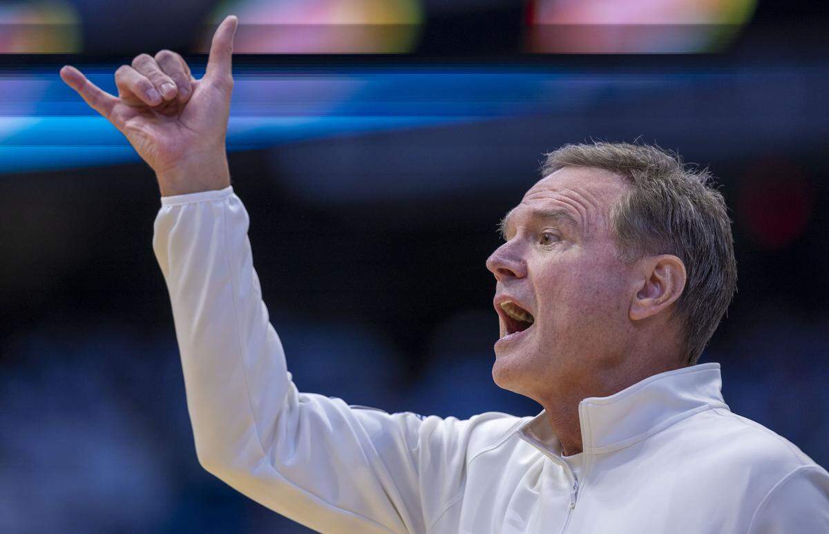 Kansas coach Bill Self directs his team on defense in the first half against North Carolina on Friday, November 7, 2025 at the Smith Center in Chapel Hill, N.C.