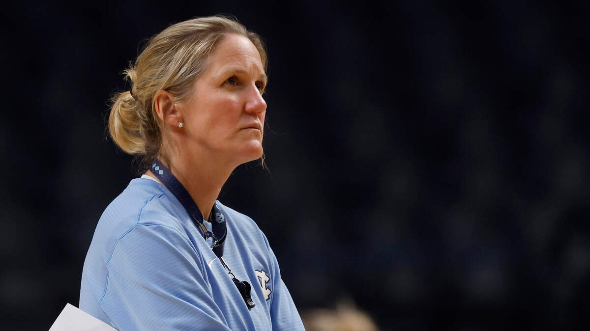 North Carolina head coach Courtney Banghart watches her team practice at Legacy Arena on Thursday, March 27, 2025, in Birmingham, Ala. The Tar Heels will face Duke in the NCAA Tournament Sweet 16 on Friday.  