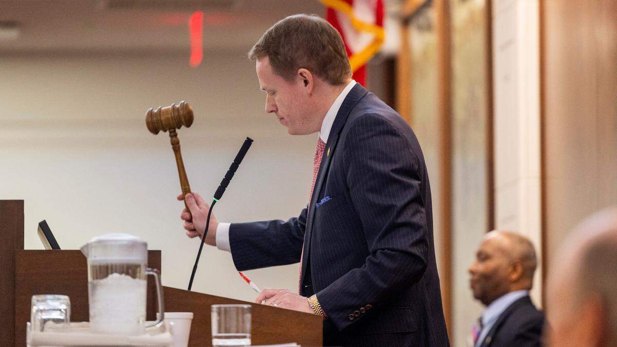 Newly elected House Speaker Destin Hall gavels out the North Carolina General Assembly’s first 2025 legislative session on Wednesday, Jan. 8, 2025, at the Legislative Building.