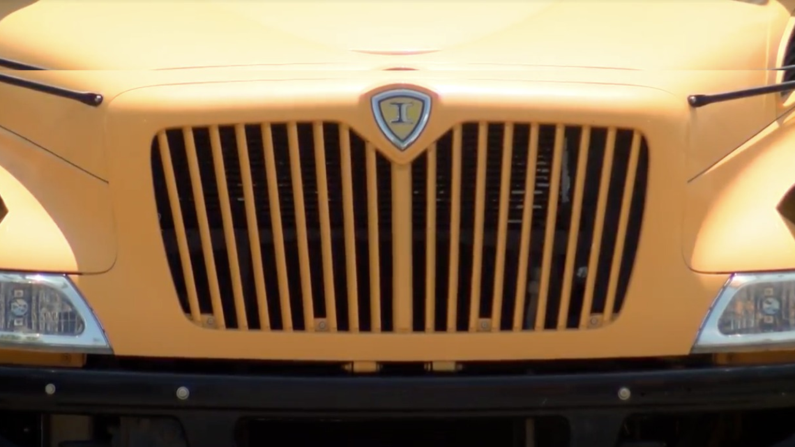 An International brand bus sits in a lot in Mecklenburg County.