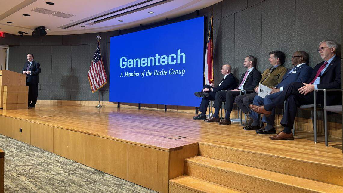 North Carolina Biotechnology Center President Doug Edgeton speaks at Genentech’s Holly Springs expansion ceremony in Durham, N.C. on Jan. 20, 2026.