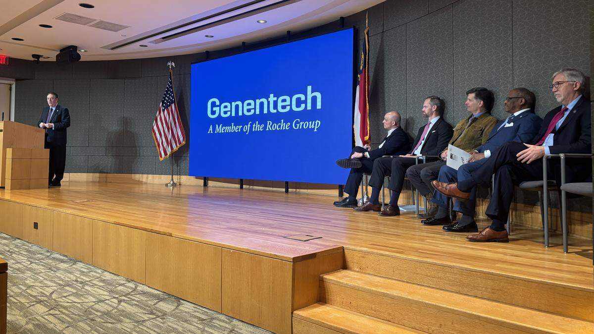 North Carolina Biotechnology Center President Doug Edgeton speaks at Genentech’s Holly Springs expansion ceremony in Durham, N.C. on Jan. 20, 2026.