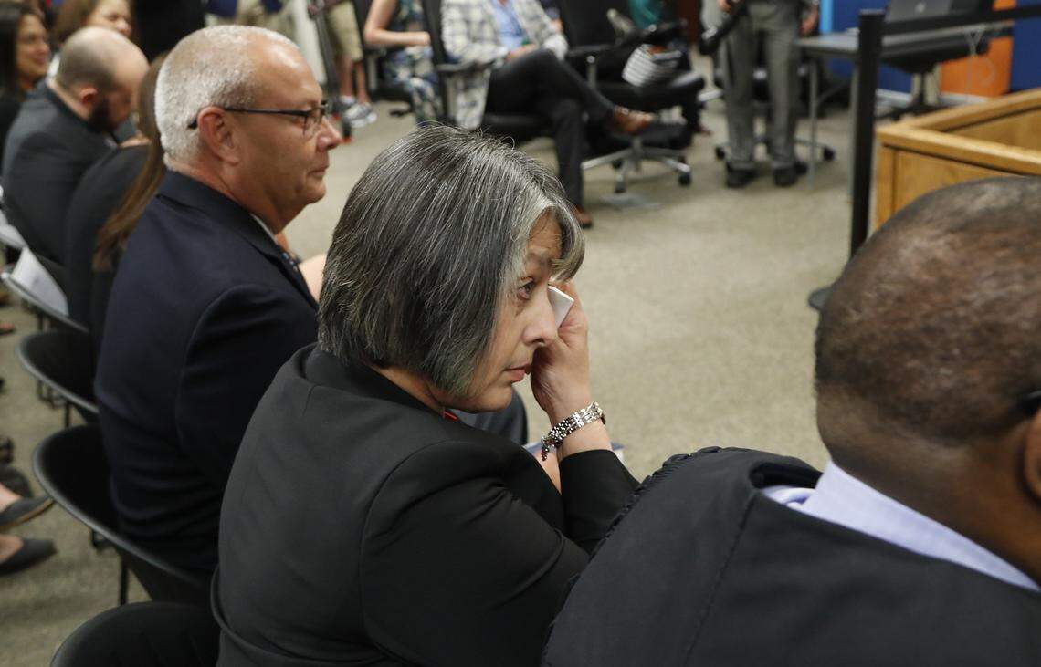 Cathy Moore wipes away a tear as the Wake County School board announces that she will be the new Superintendent during a meeting at the school system headquarters in Cary on May 23, 2018.