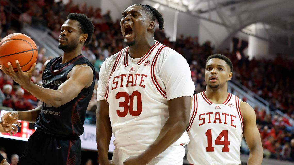 N.C. State’s DJ Burns Jr. (30) celebrates after making the basket while being fouled during the second half of N.C. State’s 93-61 victory over Maryland Eastern Shore at Reynolds Coliseum in Raleigh, N.C., Wednesday, Dec. 6, 2023.