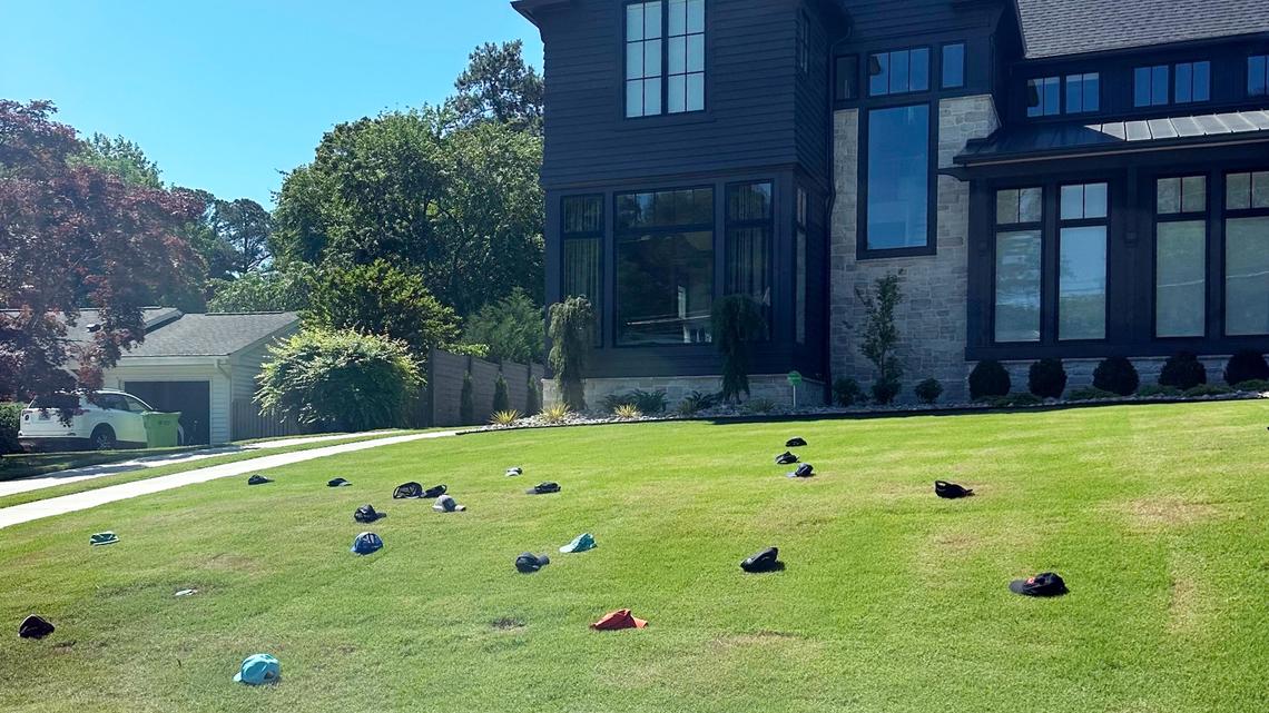 Hats litter the lawn of Andrei Svechnikov’s Raleigh home Monday morning, a day after his hat trick in the Carolina Hurricanes’ 5-2 win over the New Jersey Devils in Newark, N.J.