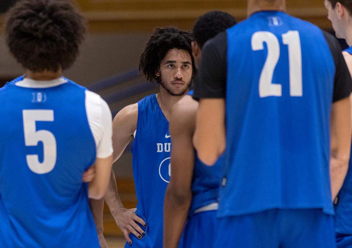 Duke freshman Jared McCain listens to instructions during practice on Friday, Sept. 29, 2023, at Cameron Indoor Stadium in Durham, N.C.