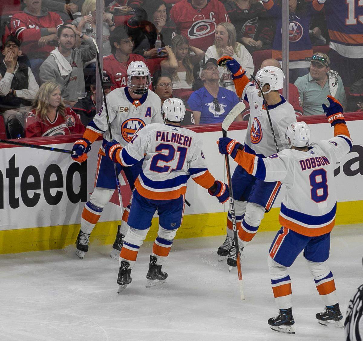 New York Islanders’ Brock Nelson (29) reacts after scoring to take a 3-2 lead over the Carolina Hurricanes in the third period during game two of their Stanley Cup series on Wednesday, April 19, 2023 at PNC Arena in Raleigh, N.C.