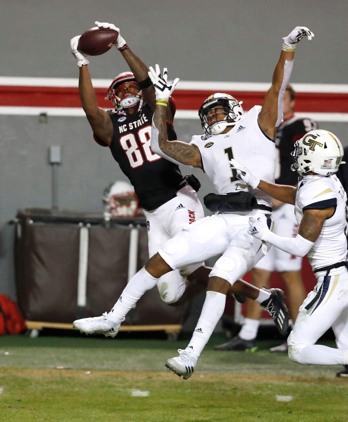 during the first half of N.C. State’s game against Georgia Tech at Carter-Finley Stadium in Raleigh, N.C., Saturday, Dec. 5, 2020.