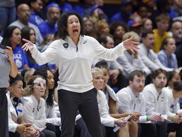 Duke head coach Kara Lawson gives instructions during the second half of the Blue Devils’ 81-64 first-round NCAA Tournament win over College of Charleston on Friday, March 20, 2026, at Cameron Indoor Stadium in Durham, N.C.