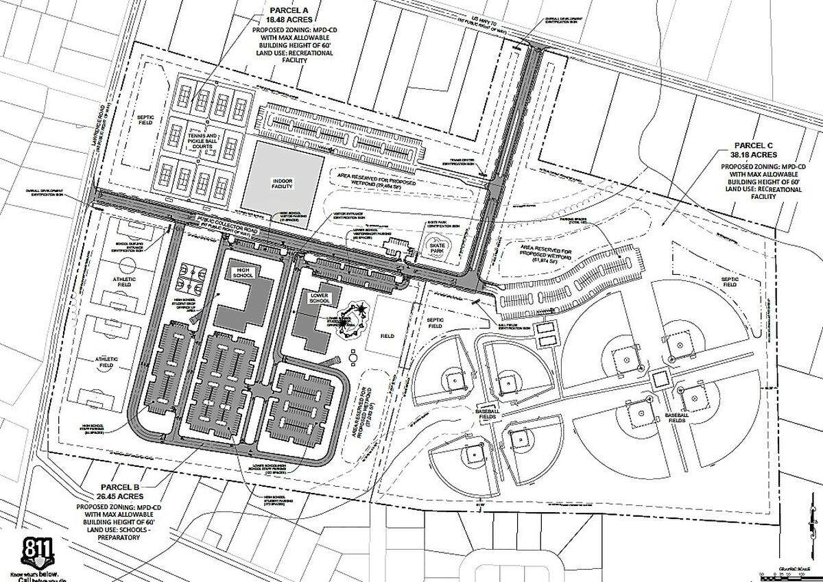 A project proposed for 85 acres east of Hillsborough could include room for two charter schools (bottom left) and multiple athletic facilities, including playgrounds, a skate park, and fields for tennis, pickleball, basketball, soccer and baseball.