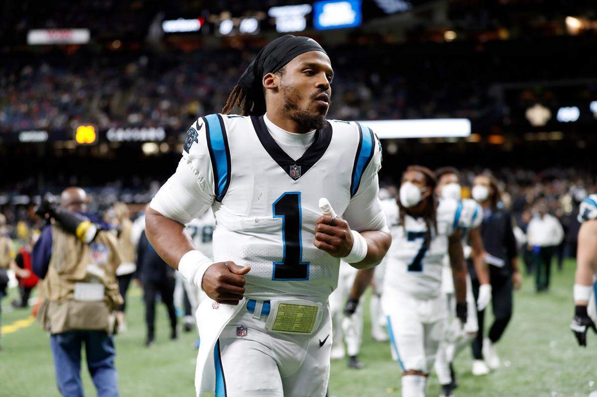 Carolina Panthers quarterback Cam Newton (1) seen after a 2022 NFL game, paid out a lot in “Jock Tax” fees after 2016 games in California including the Super Bowl.. (AP Photo/Tyler Kaufman)