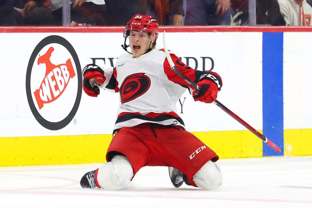 Jackson Blake of the Carolina Hurricanes celebrates after scoring the game-winning goal against the Philadelphia Flyers in overtime during Game 4 of the teams’ second-round Stanley Cup Playoff series at Xfinity Mobile Arena on May 9, 2026 in Philadelphia, Pennsylvania.