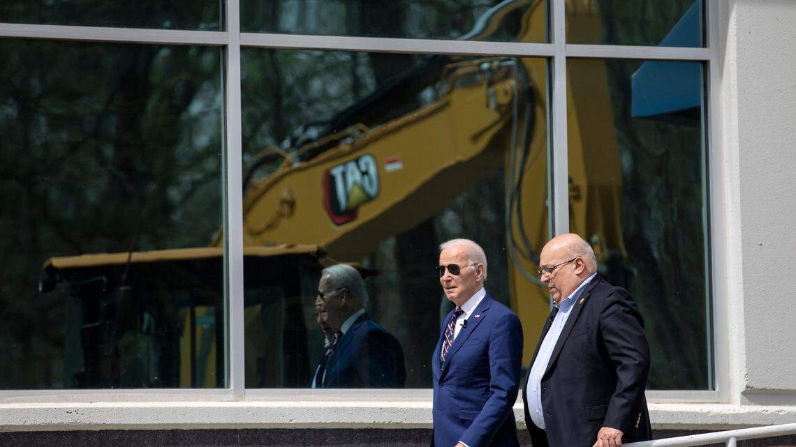 President Joe Biden tours Wolfspeed during a visit to Durham, N.C. on Tuesday, March 28, 2023.