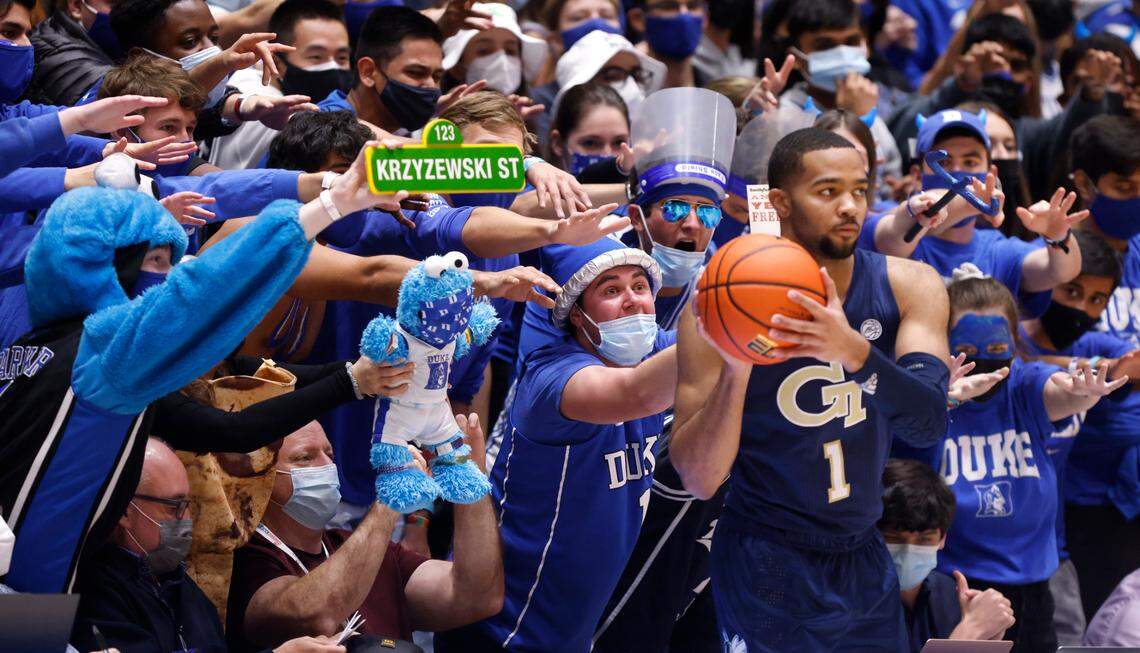 The Cameron Crazies yell at Georgia Tech’s Kyle Sturdivant (1) as he waits to inbound the ball during the second half of Duke’s 69-57 victory over Georgia Tech at Cameron Indoor Stadium in Durham, N.C., Tuesday, January 4, 2022.