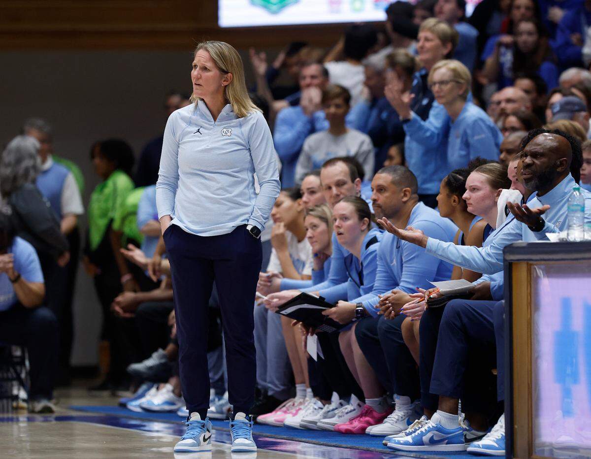 North Carolina head coach Courtney Banghart reacts during the second half of the Tar Heels’ 68-53 loss to Duke on Thursday, Feb. 27, 2025, at Cameron Indoor Stadium in Durham, N.C.