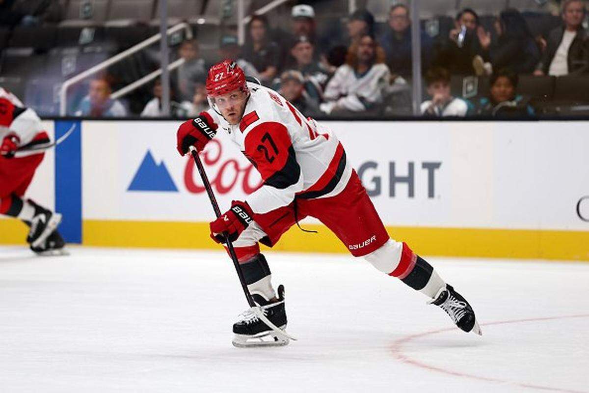 Nikolaj Ehlers of the Carolina Hurricanes in action against the San Jose Sharks at SAP Center on October 14, 2025 in San Jose, California.