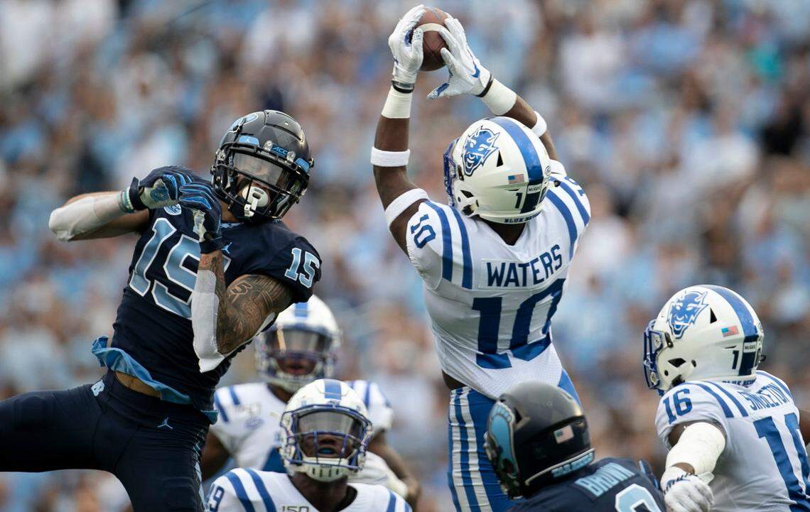 Duke’s Marquis Waters (10) intercepts a pass by North Carolina quarterback Sam Howell during their game October 26, 2019 at Kenan Stadium in Chapel Hill, N.C.