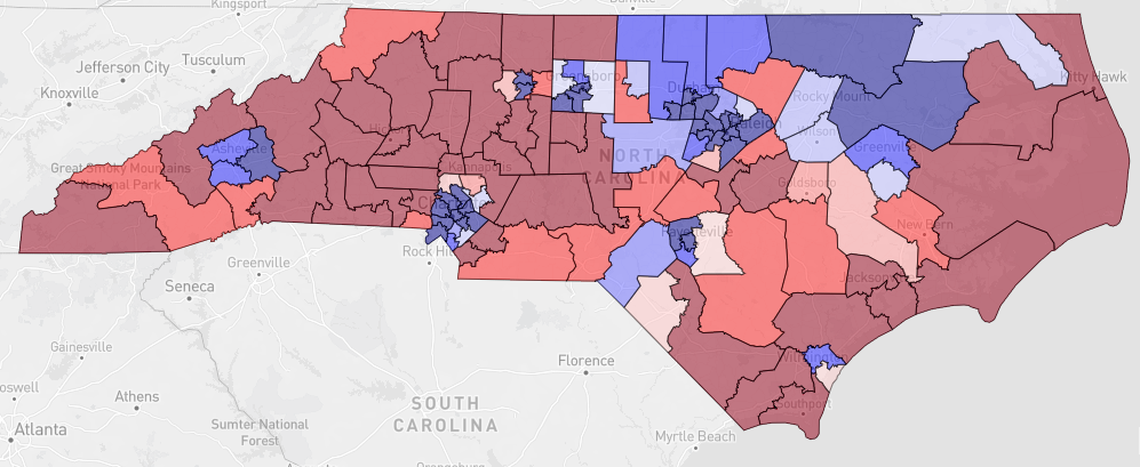 A map showing the hypothetical partisan lean of the 120 NC House of Representatives seats in a map proposed by the North Carolina General Assembly in the 2022 gerrymandering lawsuit, based on data from the website Dave’s Redistricting App.