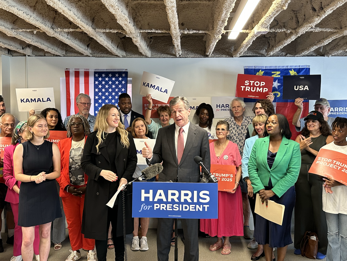 Gov. Roy Cooper speaks about abortion rights during a press conference held by the Kamala Harris presidential campaign in Durham, N.C. on Thursday, Aug. 1, 2024.