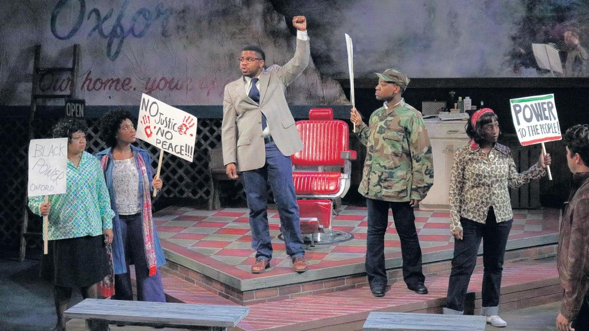 From left, Alicia Whitfiled as Fannie Chavis, Jasmine Marshall as Caroline Thorpe, Benaiah Barnes as Ben Chavis, Germona Sharp as Eddie McCoy, Nickea Latrice as Rosanna Allen and Justin Toyer as Younger Tim in in Raleigh Little Theatre's "Blood Done Sign My Name."