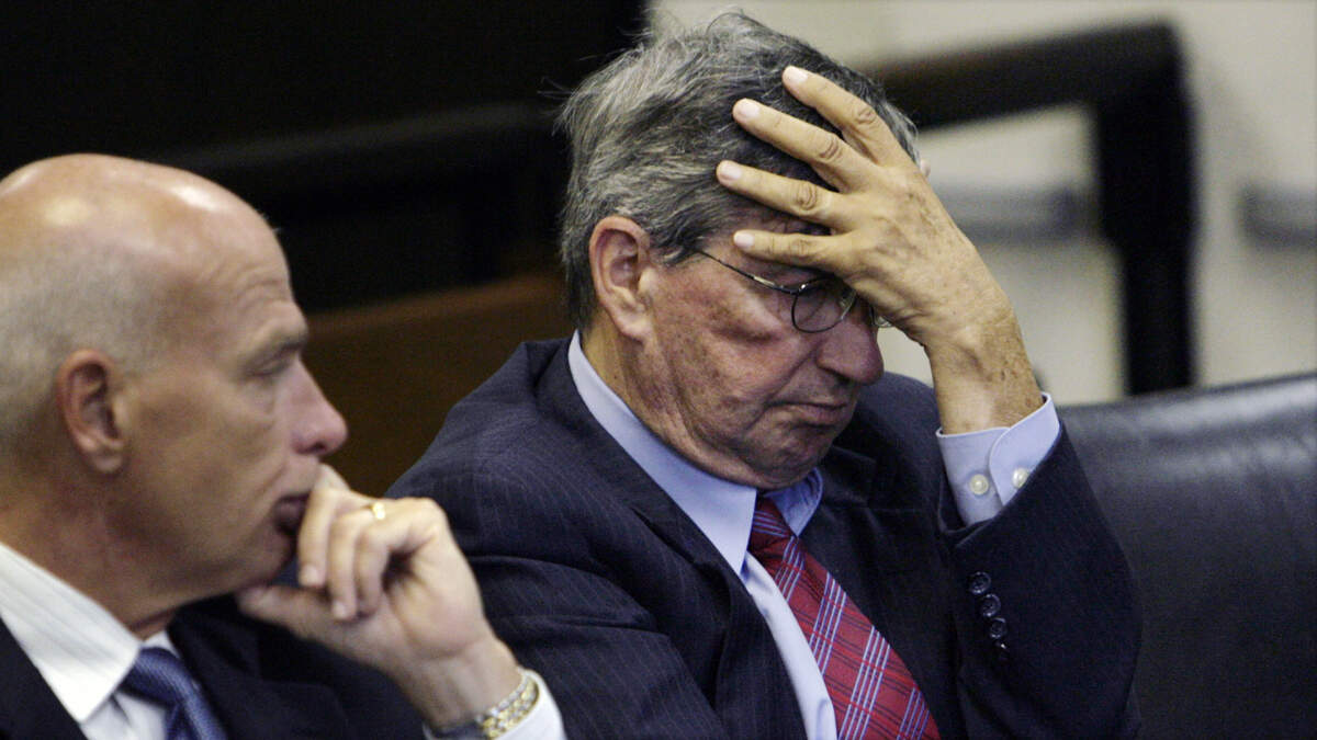 Former Speaker of the N.C. House of Representatives Jim Black, right, and his attorney Ken Bell listens near the end of his sentencing hearing held in a Wake County courtroom in 2007